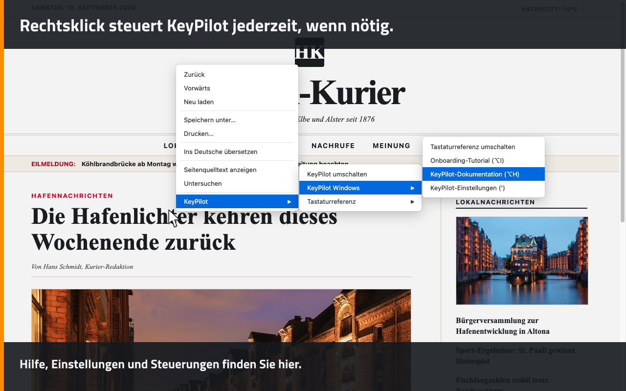 Rechtsklick steuert KeyPilot jederzeit, wenn nötig.