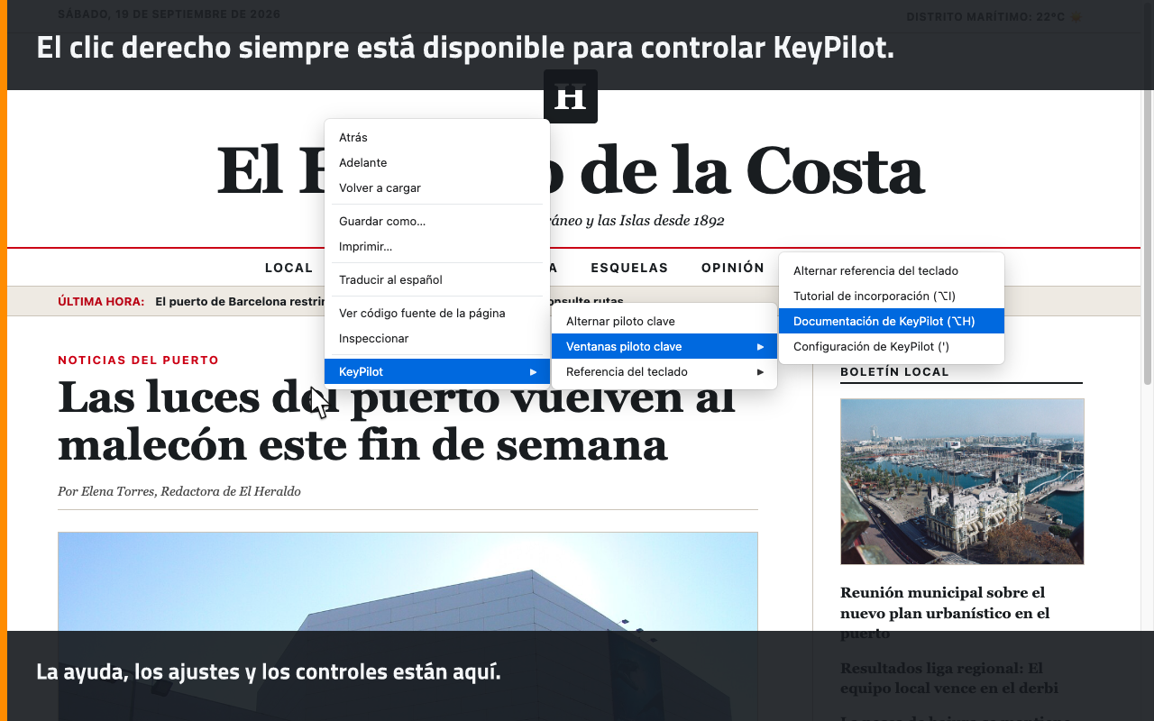 El clic derecho siempre está disponible para controlar KeyPilot.