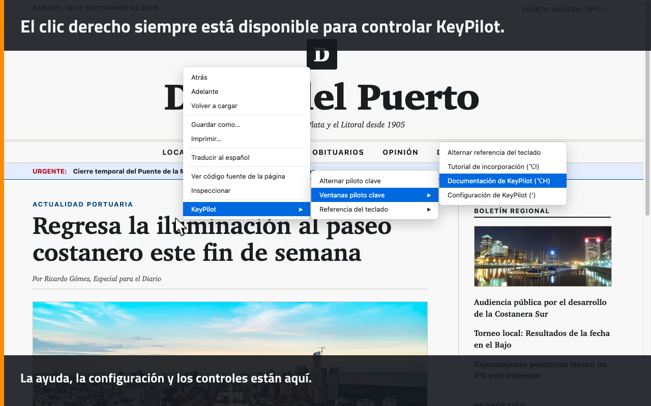 El clic derecho siempre está disponible para controlar KeyPilot.