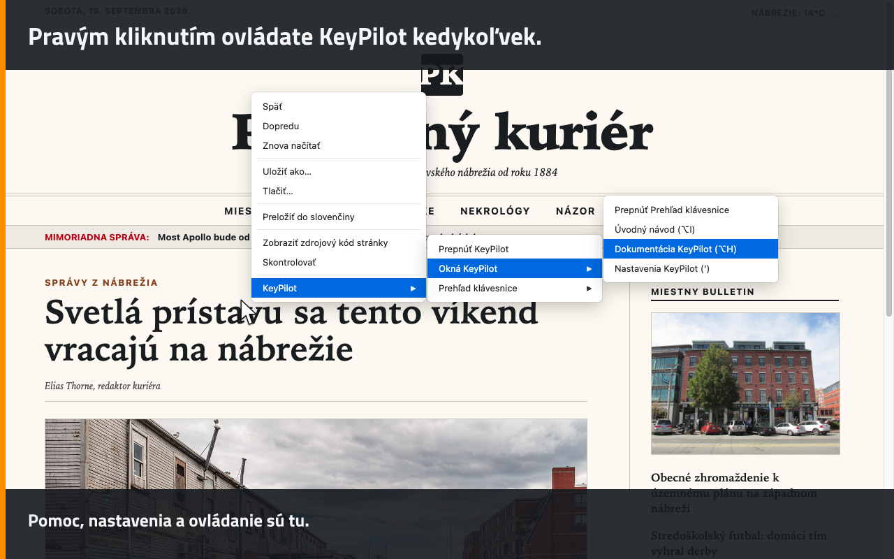 Pravým kliknutím ovládate KeyPilot kedykoľvek.